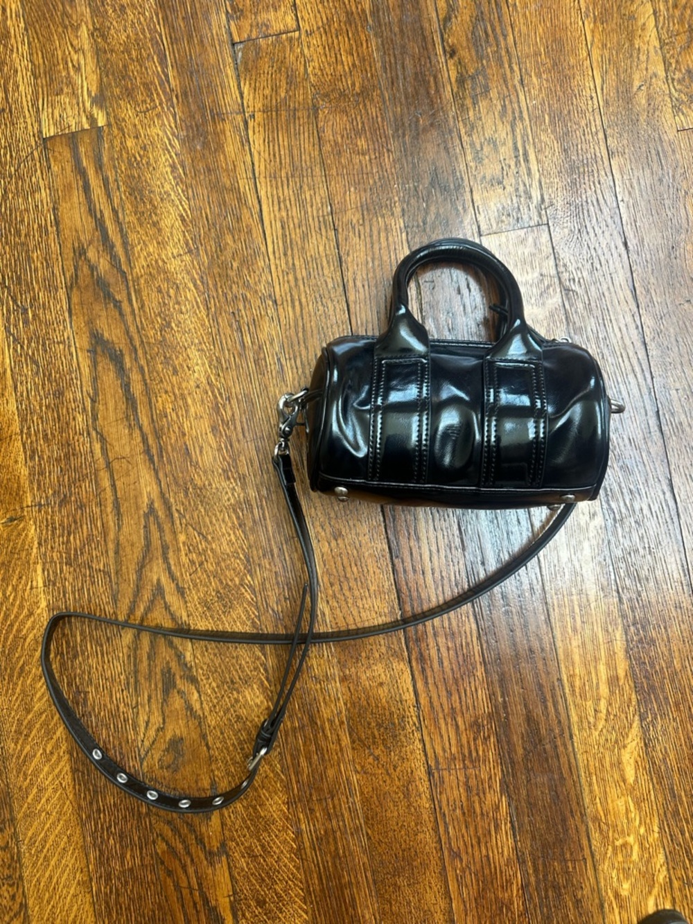 Urban Outfitters Black Patent Mini Barrel Bag